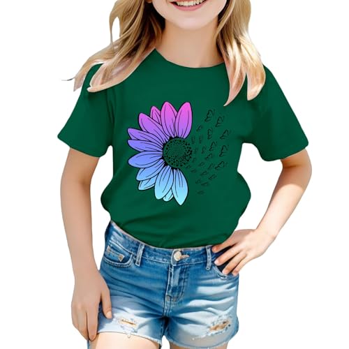 Green Shirt Girl T Shirt Cute Flower Graphic Loose Tees Crew Neck Short Sleeve Casual Tops 𝗥uffle Sleeve Top for Girls3