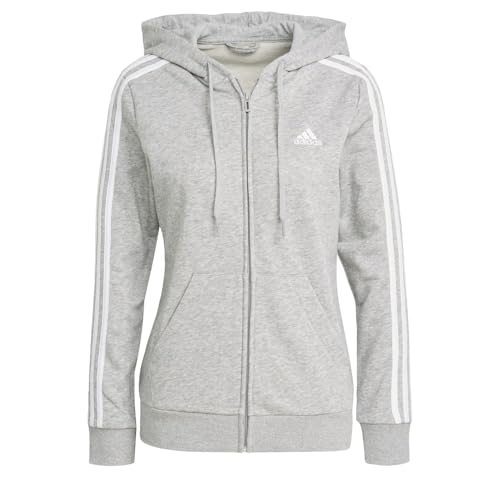 adidas Women's Essentials French Terry 3-Stripes Full Zip Hoodie, Medium Grey Heather/White, Small