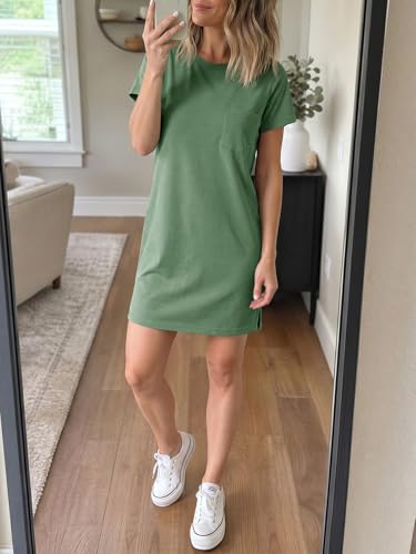 Image of Ladiyo Women T Shirt Dress Summer Fashion Mini Dress Crew Neck Short Sleeve Dress Solid Color Casual Dress with Pocket
