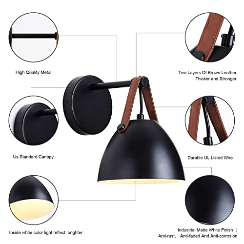 Black Leather Wall Sconce Set Of Two,Modern Sconces Light Fixtures Hardwired With Metal Shade,Indoor Industrial Decor Lamp For Hallway,Bedroom,Living Room,Bedside,Kitchen,Nightstand,Etl Listed #TOP4