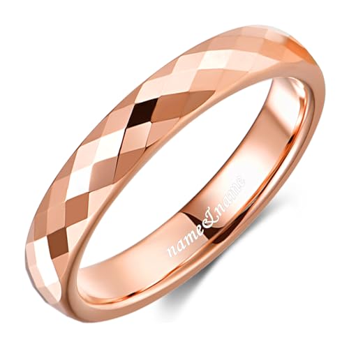 Personalized 4mm Tungsten Carbide Wedding Ring for Men Women Custom Engraved Faceted Dome Polished Blue Wedding Band Size 6-13