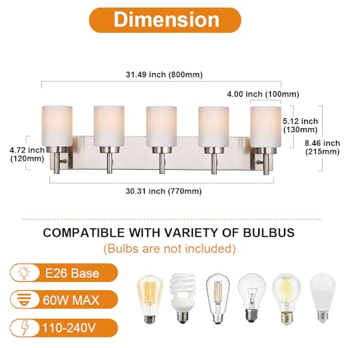 Image of 5 Light Bathroom Light Fixtures in Brushed Nickel Finish Metal Base Wall Mount Lighting with White Glass Shade Bath Wall Sconces for Mirror, Kitchen,Hallway