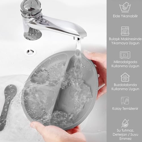 Meleni Baby 4'lü Silikon Beslenme Seti- Silikon Mama Önlüğü Kulplu Bardak Vakumlu Tabak Mama Kaşığı Antrasit - Görsel 3