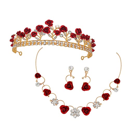 Beavorty 1 Conjunto Coroa De Rosas Crianças Tiara Traje Colar Brincos De Dama De Honra Colar De Corr
