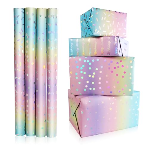 FeinKulturia Geschenkpapier Geburtstag 43 x 300cm 4 Rollen Glänzende Regenbogenfolie Geschenkpapierrolle Kinder Erwachsene Wrapping Paper für Weihnachten Hochzeiten Valentinstag Party Geschenk