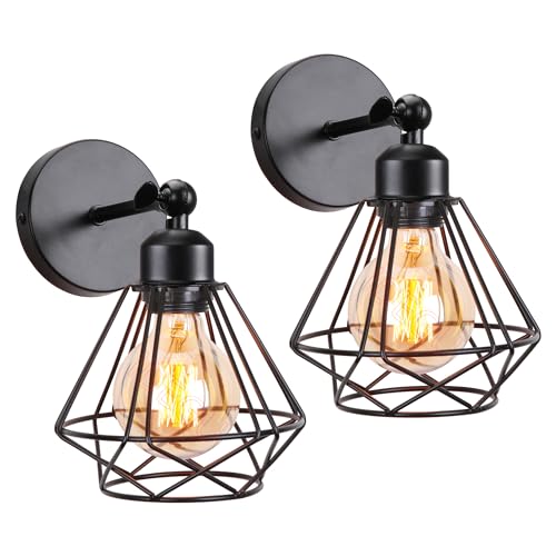 iDEGU 2 Pezzi Lampada da Parete Vintage 16CM Applique da Parete Design Gabbia Industriale E27 Illuminazione Interni Regolabile Lampada a Muro per Camera da Letto Corridoio Soggiorno (Tipo-C Nero)
