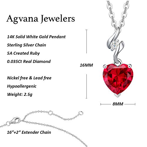 Agvana 14K Solid White Gold Diamond Ruby Heart Pendant Necklace For Women With Sterling Silver Chain July Birthstone Jewelry For Women Anniversary Birthday Gifts For Women Girls Mom Wife Her #TOP5