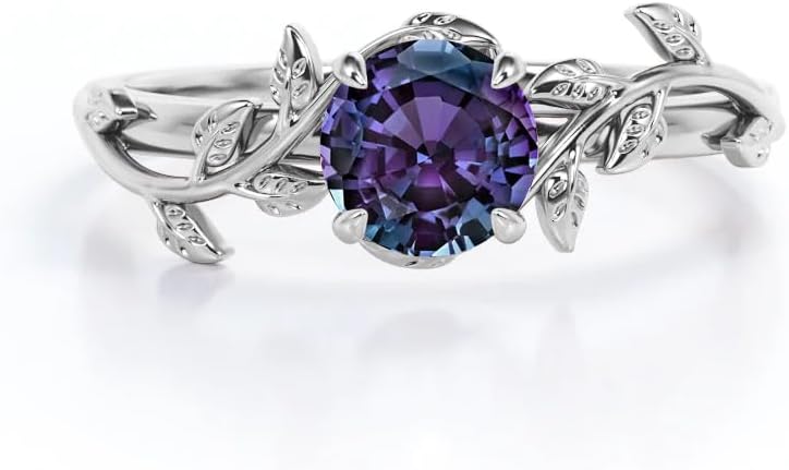 Floral Art Deco 1 Carat Round Cut Gemstone Rings for Women 925 Sterling Silver 10K 14K 18K Gold Leaf & Vine Statement Rings for Her