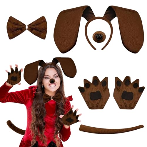 Qnvyw Hundekostüm Komplettset - Dackel Kostüm für Halloween & Partys, Inkl. Ohren & Schwanz, Für Erwachsene & Kinder, Dog Costume mit Pfoten