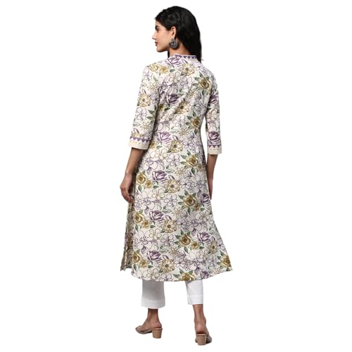Image of KAMI KUBI Printed a-line kurta with block print detail on neck and sleeve.