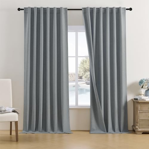 DUALIFE Full Blackout Linen Curtain Panels-Darkening Bedroom Curtains/Drapes, Thermal Insulated