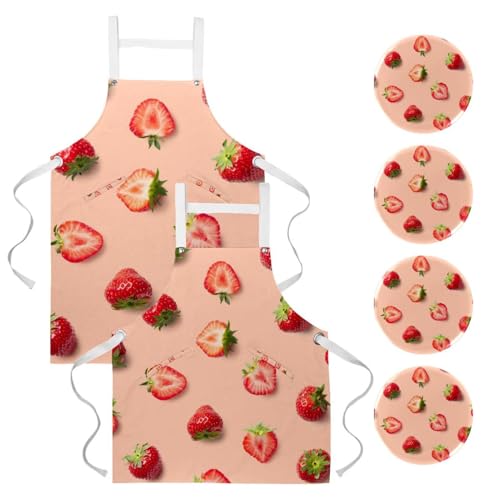 Lot de 2 tabliers de cuisine ajustables avec poches motif fraises
