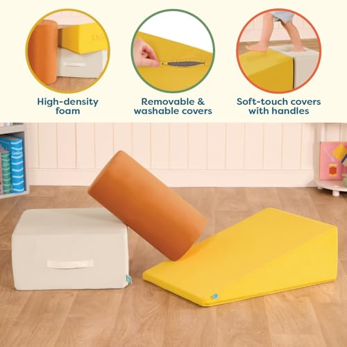 Image of B. toys WonderShapes Foam Climbing Blocks, 3-Piece Soft Play Set, Ramp Foam | Includes 1 foam cylinder, 1 ramp, and 1 block with easy-grip handles, machine-washable covers, indoor play, 1+ Years
