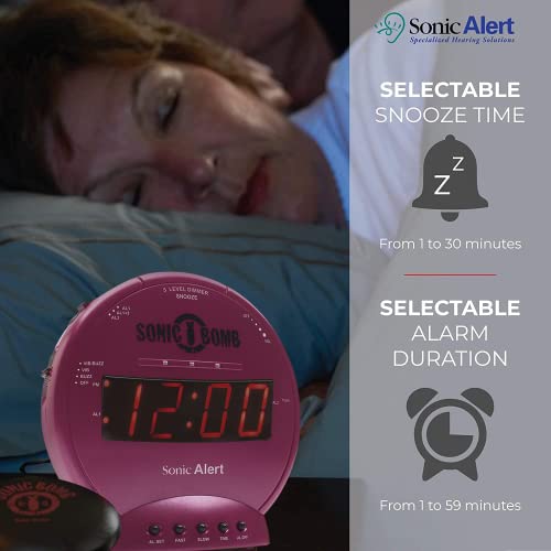 Image of Sonic Alert Sonic Bomb Dual Alarm Clock with Bed Shaker, Pink Vibrating Alarm Clock for Heavy Sleepers, Battery Backup | Wake with a Shake