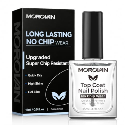Morovan Top Coat Nail Polish: 14 Day Long Lasting No Chip Quick Dry Top Coat High Gloss Gel-Like Shine Anti-Stain Clear Nail Polish 60s Fast Air Dry Salon Quality For Women 0.5 fl oz