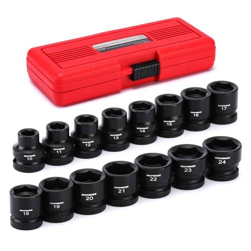 MIXPOWER 15-Piece 1/2 Drive Stubby Impact Socket CR-MO 10-24mm 6-Point Metric Radius Corner Design Axle Nut Impact Grade Socket for Easy Removal