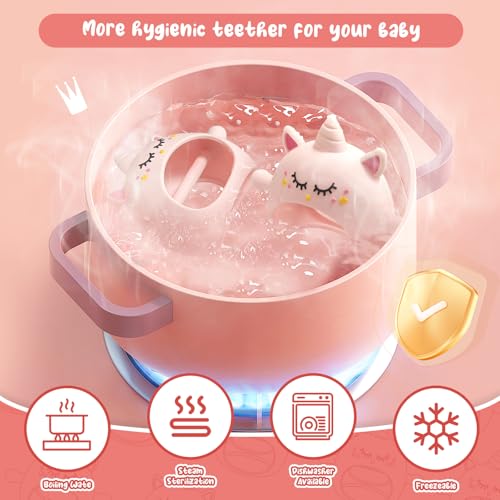 Image of Tinabless Teething Toys for Babies 6-12 Months, Unicorn Never Drop Silicone Teether Designed for Babies 0-6 Months, Car Seat Toy for New Born, Natural Organic Baby Teether for Boys & Girls, Pink