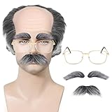Old Man Wig Grey Funny Wig Kit With Gray Wigs, Vintage Eyeglasses And Bushy Mustache For School Parties, Cosplay, Halloween, Suitable For Adults And Teenagers