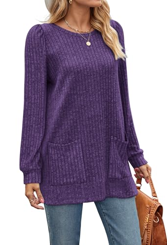 Image of OFEEFAN Long Sleeve Shirts for Women Long Sweaters with Pockets Tunic Tops Loose Fit