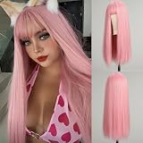 EMMOR Pink Wig With Bangs For Women Long Straight Wigs Synthetic For Girls Party Halloween Cosplay And Daily Use(26' Light Pink)