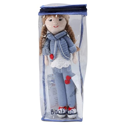 Image of Bonfino Premium Handmade Miss Helen Crochet Doll for Girls & Boys, Cute Knitted Cotton Doll for Babies, Baby Doll for Kids, Soft Toys, 6+ Months, Birthday Gift, Height 35 cm, Blue&White, BIS Certified