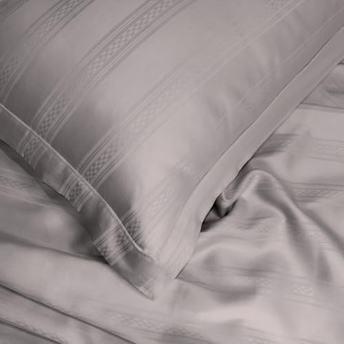 Image of Sassoon Artemis Italian Jacquard Weave Sateen Cotton Bedsheet - 400 TC, Cotton, Stripe Design, King Size (108 x 108 inches), Color: Birch Grey, Soft, Breathable, - 1 Bedsheet + 2 Pillow Covers