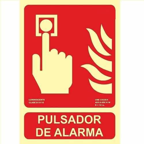 Señal pulsador alarma, Señal luminiscente pulsador, fotoluminiscentes, Cumple normativa ISO - UNE 23034:2023, CTE, RIPCI nueva ley, PVC 0,7mm, Clase B 800 min de atenuación, tamaño 21 x 30 cm