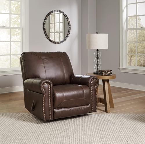 Image of Signature Design by Ashley Colleton Leather Rocker Recliner, Dark Brown | Leather match manual recliner, Rocker recliner chair, Premium top-grain leather seating, Space-saving 12-in wall space