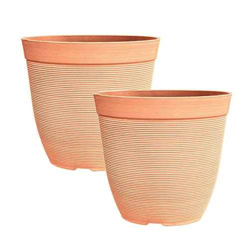 simpa Rustic Ridge Plastic Planter Pots - TERRACOTTA, Set of 2 Pots - 28cm (H) x 30cm Diameter