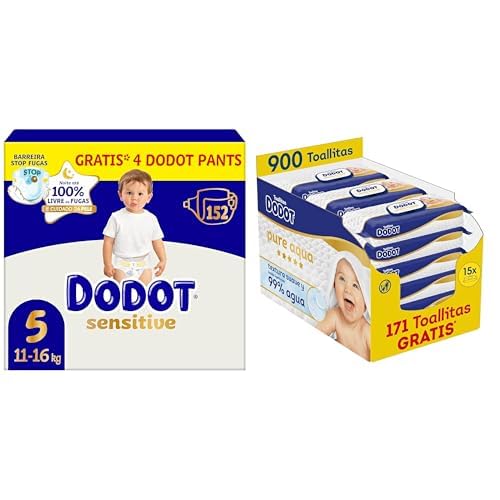 Dodot Bebé Sensitive Talla 5 Diaper Pack with Pure Aqua Wipes - Toddler Care Bundle (152 Diapers + 900 Wipes)