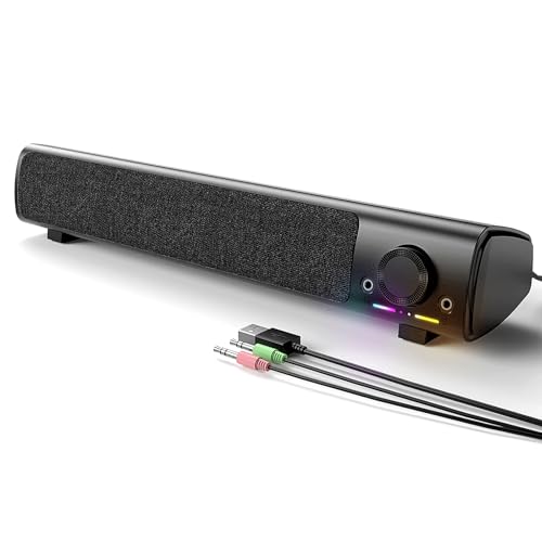 PC Speakers,USB Powered Desktop Monitor Sound Bar with Knob Volume Control,3.5mm AUX - Enhanced Stereo Sound for Gaming, Complete with Headphones & Microphone Connectivity,Plug-n-Play (Black)