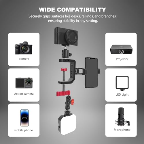 Mechrig C-Klemme, Tischkamera-Halterung, Aluminium-Tisch-C-Klemme mit 0,6 cm (1/4 Zoll), 3/8 Zoll Gewinde, Desktop-DSLR-Halterung für Fotostudio-Videokamera, Lichtständer, Schreibtisch, Stangen