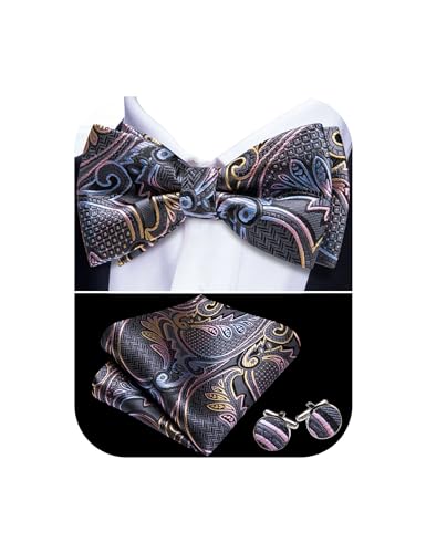 Image of Barry.Wang Paisley Striped Bow Tie for Men Silk Pre-Tied Bowtie Pocket Square Cufflinks Set Formal Wedding Party Prom