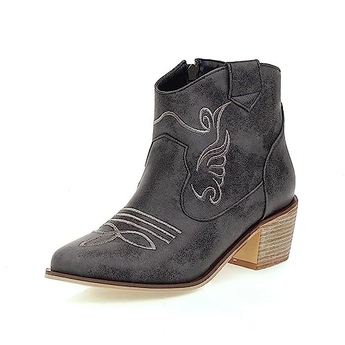 AIJIVOU Botas Riley Western para mujer, botas clásicas bordadas con puntera de punta occidental y sheriff con cremallera, botines de tacón bajo para mujer, Negro -, 39 EU