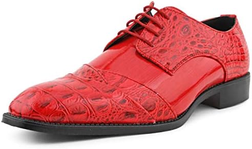 Bolano Bandit Men's Oxford Dress Shoes - Croc Folded Cap Toe Formal Dress Shoes for Men with Alligator Print and EEL Skin Trim - Designer Formal Shoes with Lace Tie (Red/12)