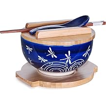 Happy Sales HSKM-DGFLY4, Japanese Kamameshi Vintage Style Rice Noodle Ramen Bowl with Bamboo Lid Trivet Chopsticks and Porcelain Spoon Bowl Set, Dragonfly