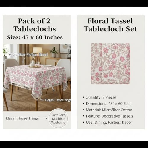 Image of RRC Microfiber Cotton Table Cloth Pack of 2 for 4 Seater Dining Table, 45 x 60 Inch Rectangular Printed Table Cover with Tassels, Washable, Durable & Fade Resistant