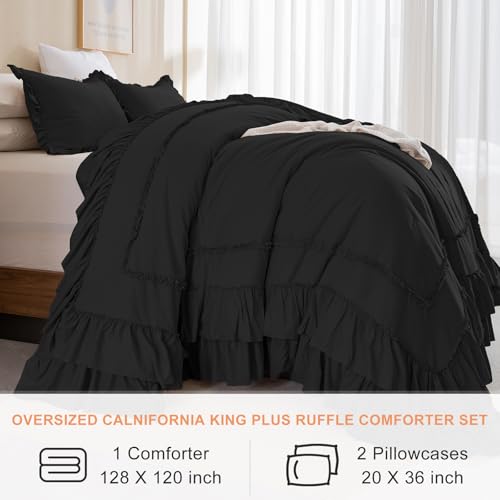 Image of QSH Oversized King Comforter 128x120,3PCs Black Farmhouse Lightweight Ruffled Bedding Comforter Set Shabby Boho Chic California King Bed Comforter Set French Country Soft Microfiber Fluffy Bed Set