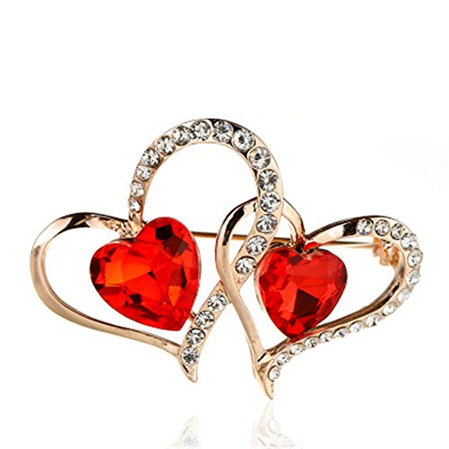Hosaire Cupid Double Love Heart Crystal Ruby Brooch Romantic Fashion Brooch Pin Pendant