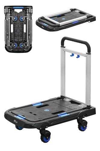 FIELDOOR 折りたたみ 台車 キャリーカート 車輪まで畳めるコンパクト設計 スリム 厚み 約8.5cm ハンドル高さ 3段階調整 荷崩れ防止ストッパー付き 滑り止め加工 小型 軽量 省スペース [ブラック×ブルー ]の商品画像（Amazon）
