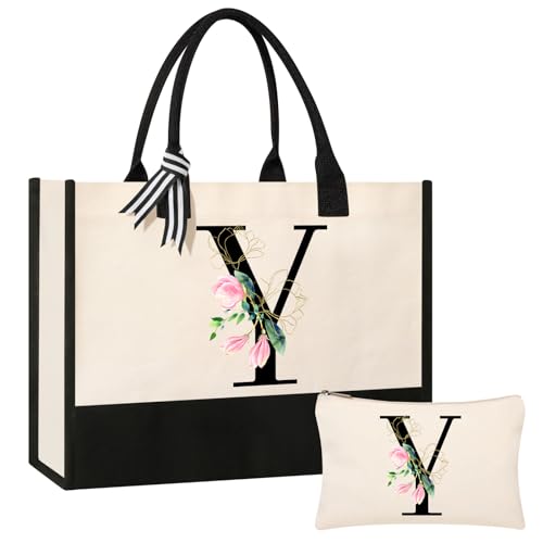 AYGE Bolsa de praia de lona com inicial personalizada, bolsa de cosméticos, bolsa de maquiagem, presentes para irmã, mãe, professora, dama de honra, Multi, 17 inches long, 12 inches wide, 8 inches