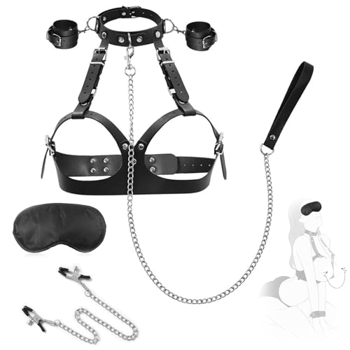 Kit BDSM 6 en 1 Bondage Menottes Sexy Érotique,avec Menottes + Harnais Gothique Soutien-Gorge,Collier Masque pour les Yeux Pince Teton Sexuelle,BDSMs Set Accessoires Hard,Sex Toýs Couple Femme (A)