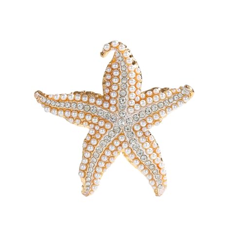 Image of Shell Pearl Rhinestone Starfish Brooch for Women Men Gold Plated Elegant Crystal Star Shaped Ocean Sea Animal Brooches Lapel Pins Delicate Wedding Beach Party Dress Accessories