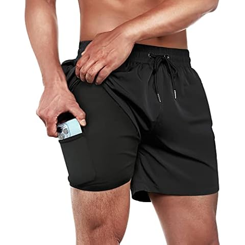 BRISIRA Mens Swim Trunks Swim Shorts Quick Dry 5 inch Inseam Beach Shorts with Compression Liner and Zipper Pocket Black Cover