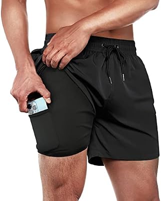 BRISIRA Mens Swim Trunks - Quick Dry 5 inch Inseam Beach Shorts with Compression Liner and Zipper Po...