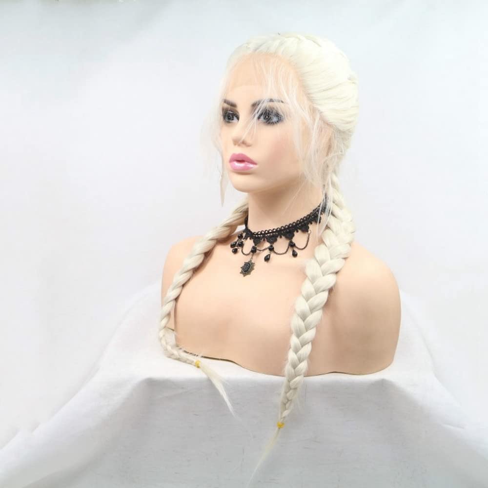 Melody 60#Color Platinum Blonde Lace Front Double Braids Wigs Synthetic Braid Blonde Wigs Add Wave Heat Resistant Fiber Braiding Hair With Baby Hair …