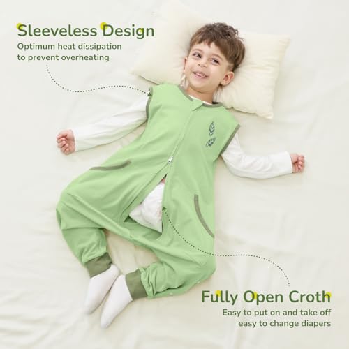 Image of WONDAY Toddler Sleep Sack with Feet, 0.5 Tog Sleeping Sacks for Walking with Legs 12-18 Months 2T 3T 4T 5T (Green Leaf, 12M-2T)