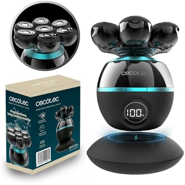 Cecotec PrecisionCare Skull Shaver, bardzo duża głowica goląca, 7 ruchomych ostrzy, 60 min golenia, baza ładująca, łatwe czyszczenie