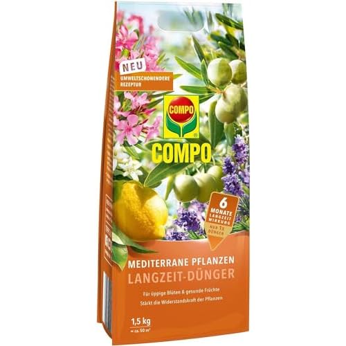 Compo BIO Rosen Langzeit-Dünger für alle Arten von Rosen, Blütensträucher sowie Schling- und Kletterpflanzen, 5 Monate Langzeitwirkung, 2 kg 4 COMPO Mediterrane Pflanzen Langzeit-Dünger, Umweltschonendere Rezeptur, 6 Monate Langzeitwirkung, 1,5 kg, 50 m²