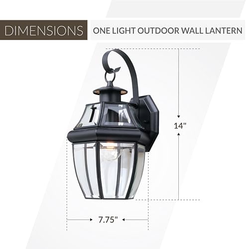 Image of Generation Lighting Lancaster 1-Light 14-Inch Outdoor Wall Lantern in Black | Wet-Rated Brass Fixture with Clear Beveled Glass, an Outside Light, Porch Decor, or Exterior Lighting Fixture for Garage